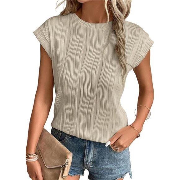 Women's Short Sleeve Textured Crewneck Knit Tops Loose Casual T-Shirts - Picture 1 of 7